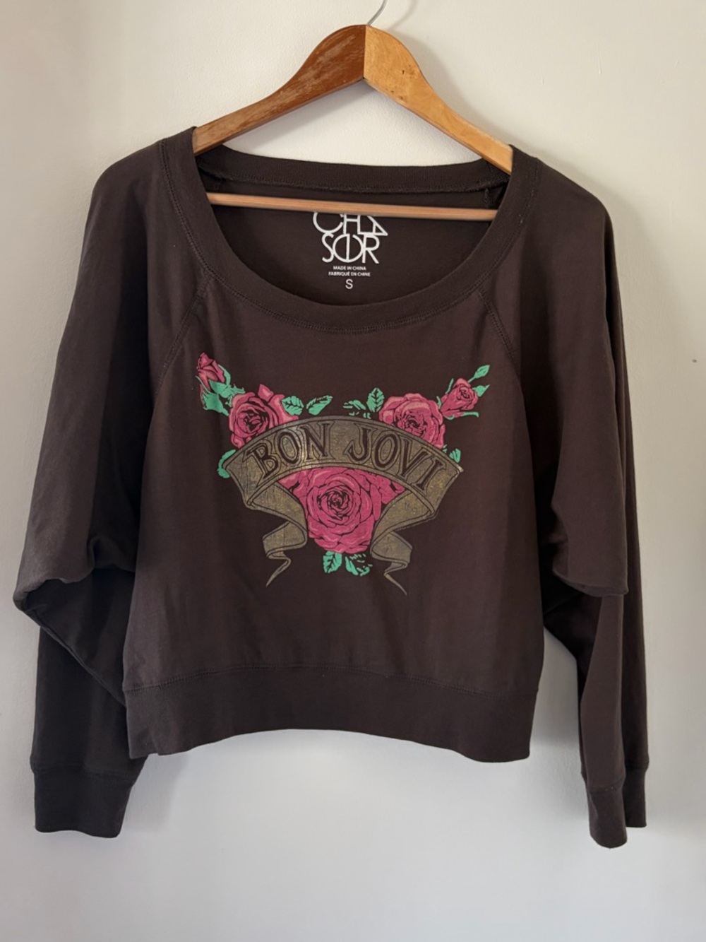 Chaser Bon Jovi Cropped Long Sleeve Off Black Graphic Band Tee